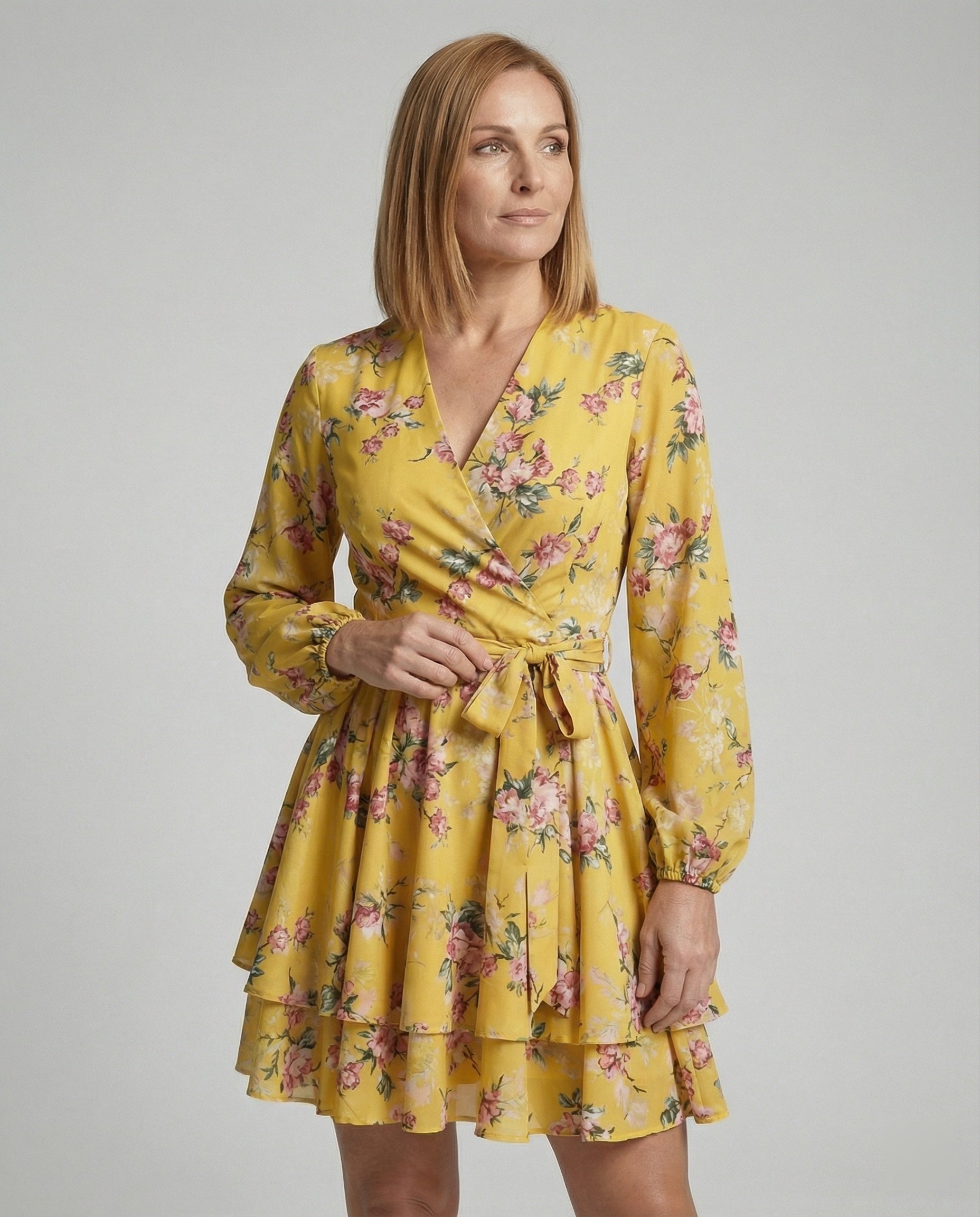 Damen Blumenkleid Midi Wickeloptik