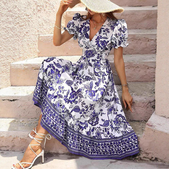 Damen nan boho-inspiriertes Maxikleid mit geraffter Empire-Taille, kurzen Puffärmeln und dekorativem Bordürenprint R&B