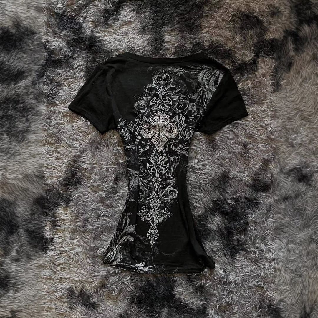 Damen Elegantes V-Ausschnitt T-Shirt mit kunstvollem Design R&B