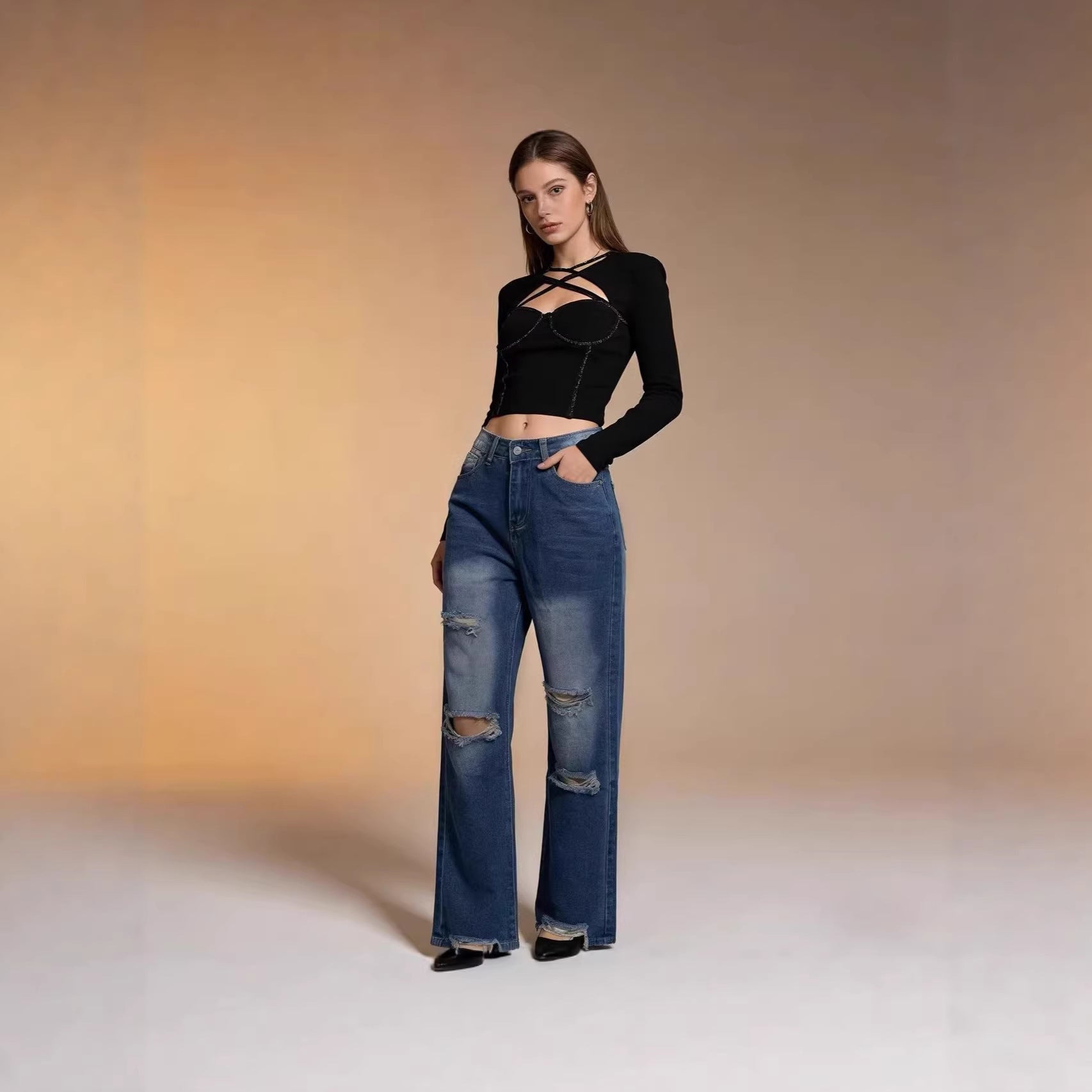 Damen Weite Ripped Jeans mit hohem Bund