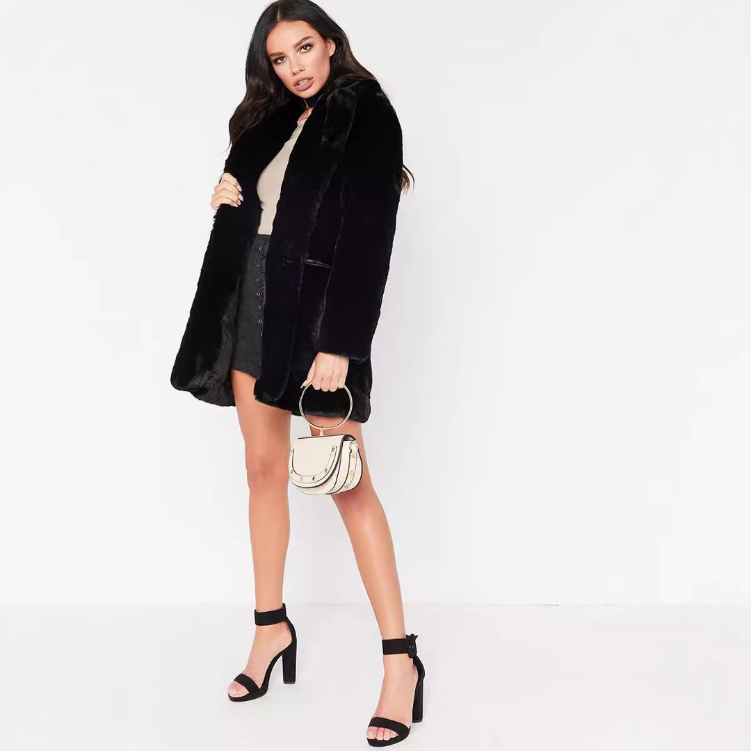 Damen Flauschige Langjacke aus Kunstpelz mit Kapuze R&B