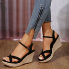 Damen Wedge-Sandaletten mit geflochtenem Absatz und modischem Riemen-R&B
