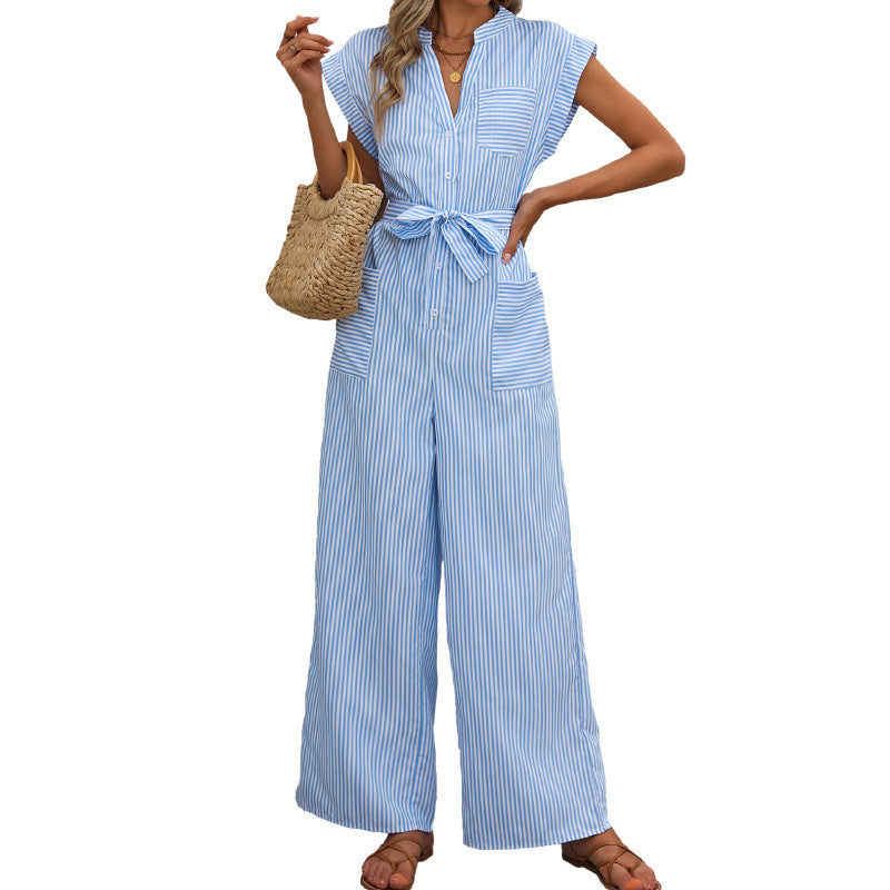 Damen Jumpsuit mit gerafftem Taillenband und praktischen Taschen R&B