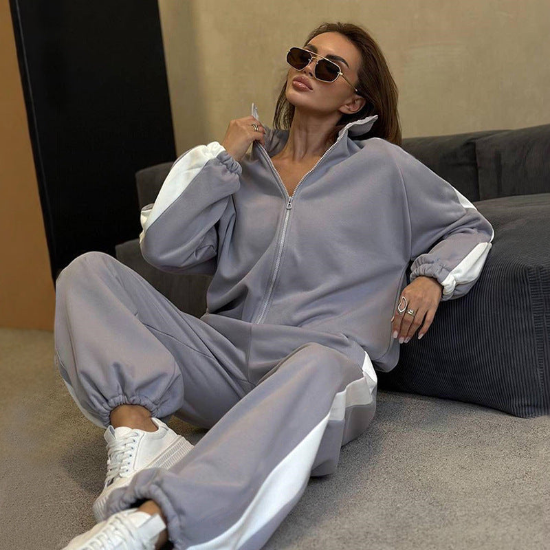 Damen sportliches Fleece-Set mit Stehkragen und seitlichen Kontraststreifen R&B
