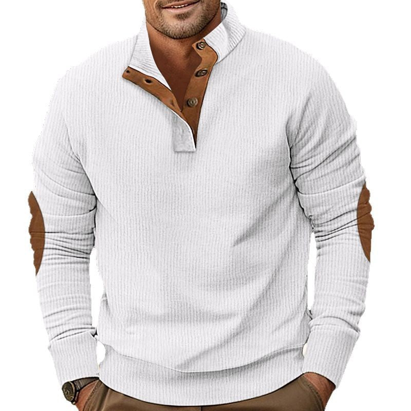 Herren nan geripptes Henley-Langarmshirt mit Stehkragen und Leder-Ellbogenpatches R&B