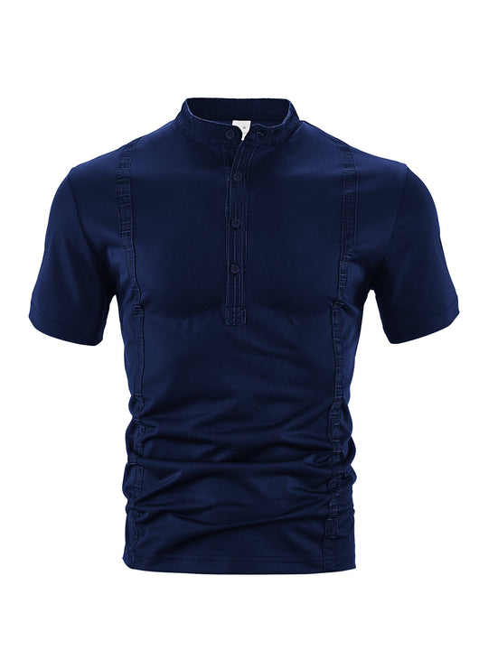 Herren nan Kurzarm-Stehkragenshirt mit verdeckter Knopfleiste, Zierpaspeln und figurbetonter Silhouette R&B
