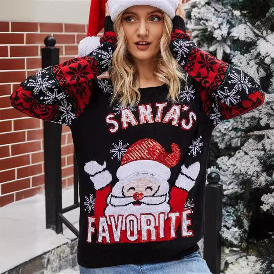 Damen Weihnachtspullover mit festlichem Santa-Motiv und glänzenden Details