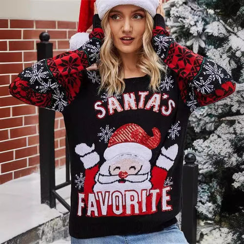 Damen Weihnachtspullover mit festlichem Santa-Motiv und glänzenden Details R&B