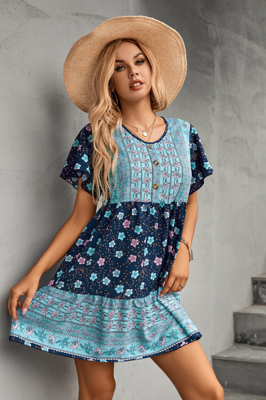 Damen Freizeitkleid mit floralem Vintage-Muster und Knopfdetails R&B