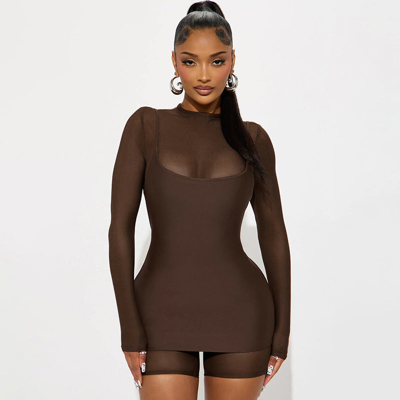 Damen Figurbetontes Langarm-Minikleid mit transparenten Einsätzen R&B