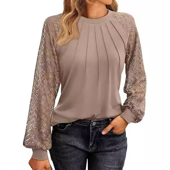 Damen Elegantes Oberteil mit dekorativen Spitzenärmeln und gerafftem Detail R&B