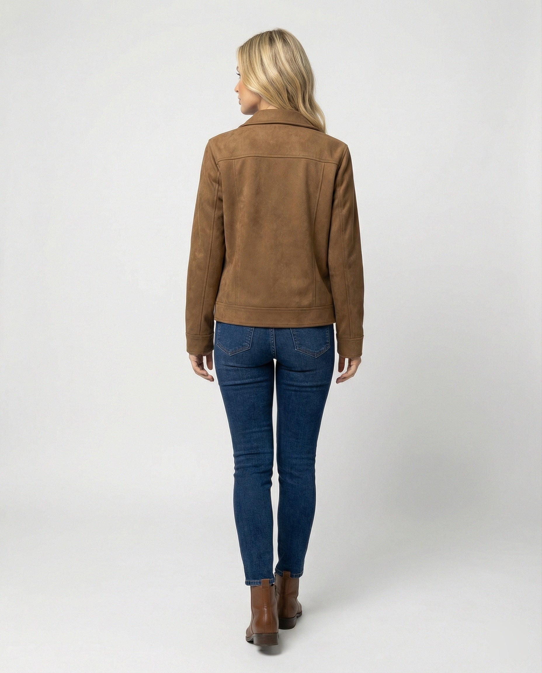 Damen Online Shop Mode lässige Oversize Velourslederjacke mit verdecktem Reißverschluss und aufgesetzten Taschen R&B
