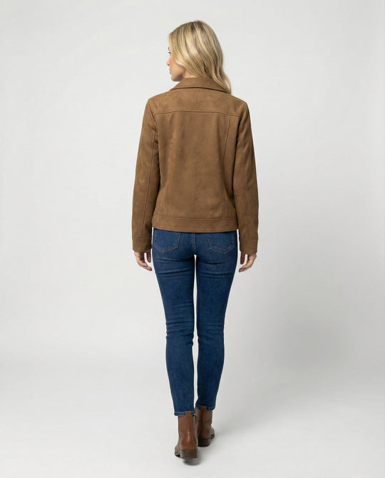 Damen Online Shop Mode lässige Oversize Velourslederjacke mit verdecktem Reißverschluss und aufgesetzten Taschen R&B