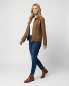 Damen Online Shop Mode lässige Oversize Velourslederjacke mit verdecktem Reißverschluss und aufgesetzten Taschen R&B
