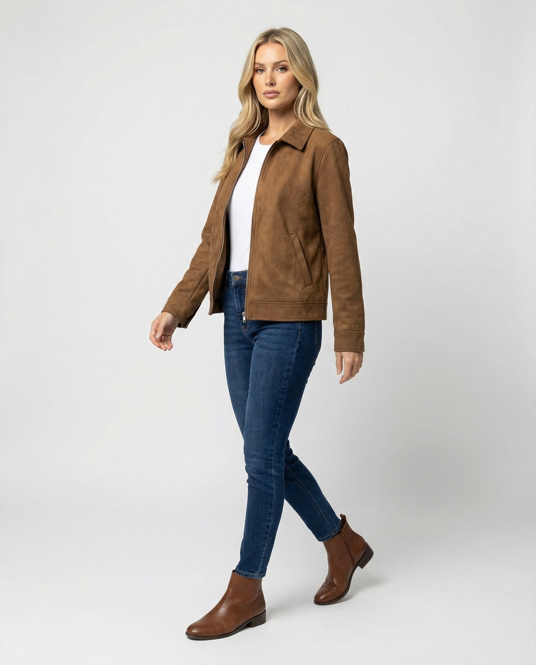 Damen Online Shop Mode lässige Oversize Velourslederjacke mit verdecktem Reißverschluss und aufgesetzten Taschen R&B