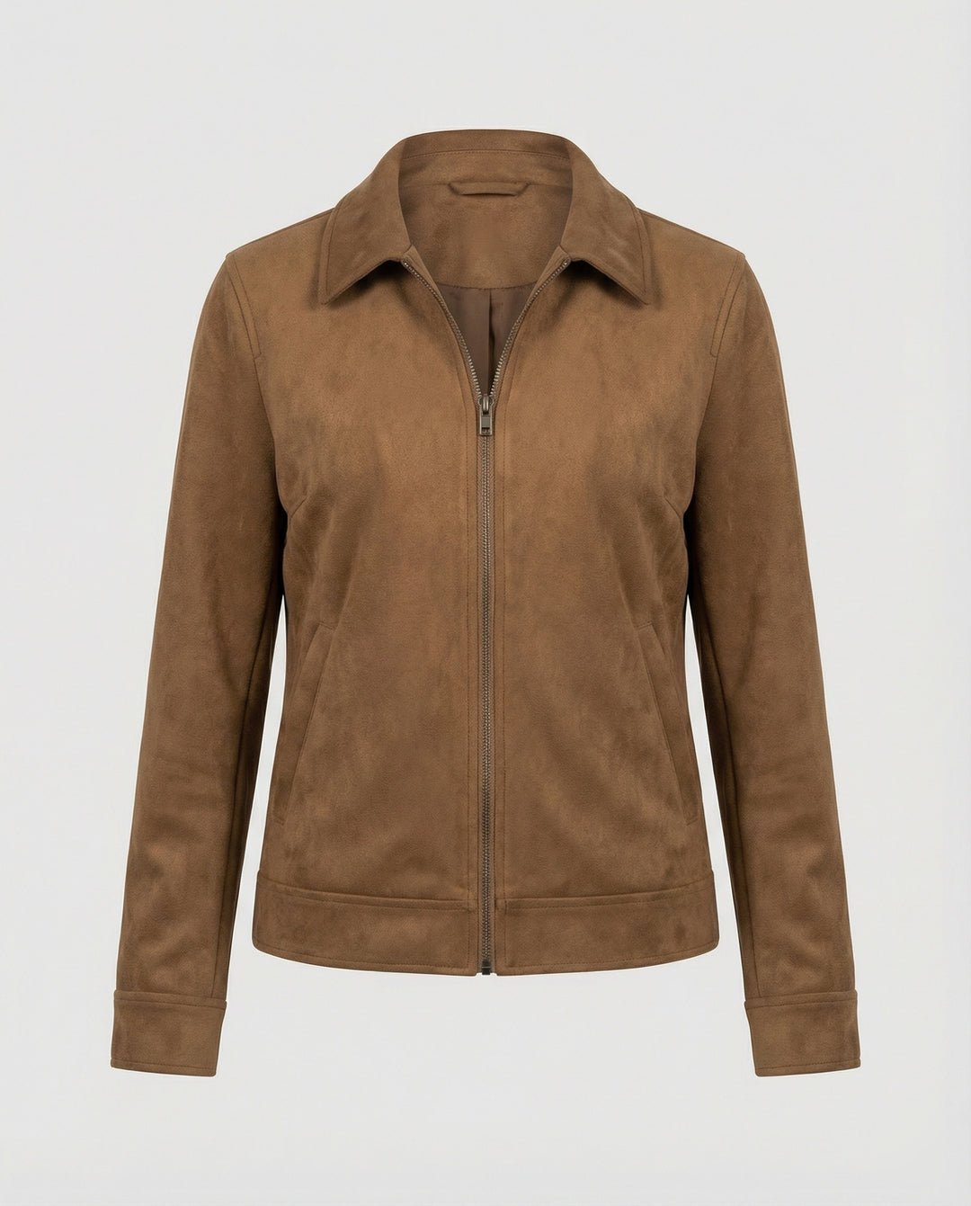 Damen Online Shop Mode lässige Oversize Velourslederjacke mit verdecktem Reißverschluss und aufgesetzten Taschen R&B