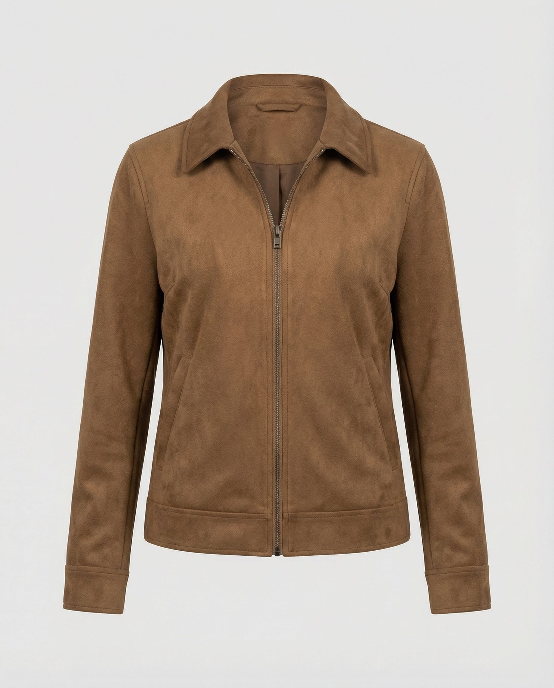 Damen Online Shop Mode lässige Oversize Velourslederjacke mit verdecktem Reißverschluss und aufgesetzten Taschen R&B
