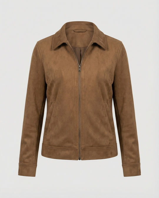 Damen Online Shop Mode lässige Oversize Velourslederjacke mit verdecktem Reißverschluss und aufgesetzten Taschen R&B
