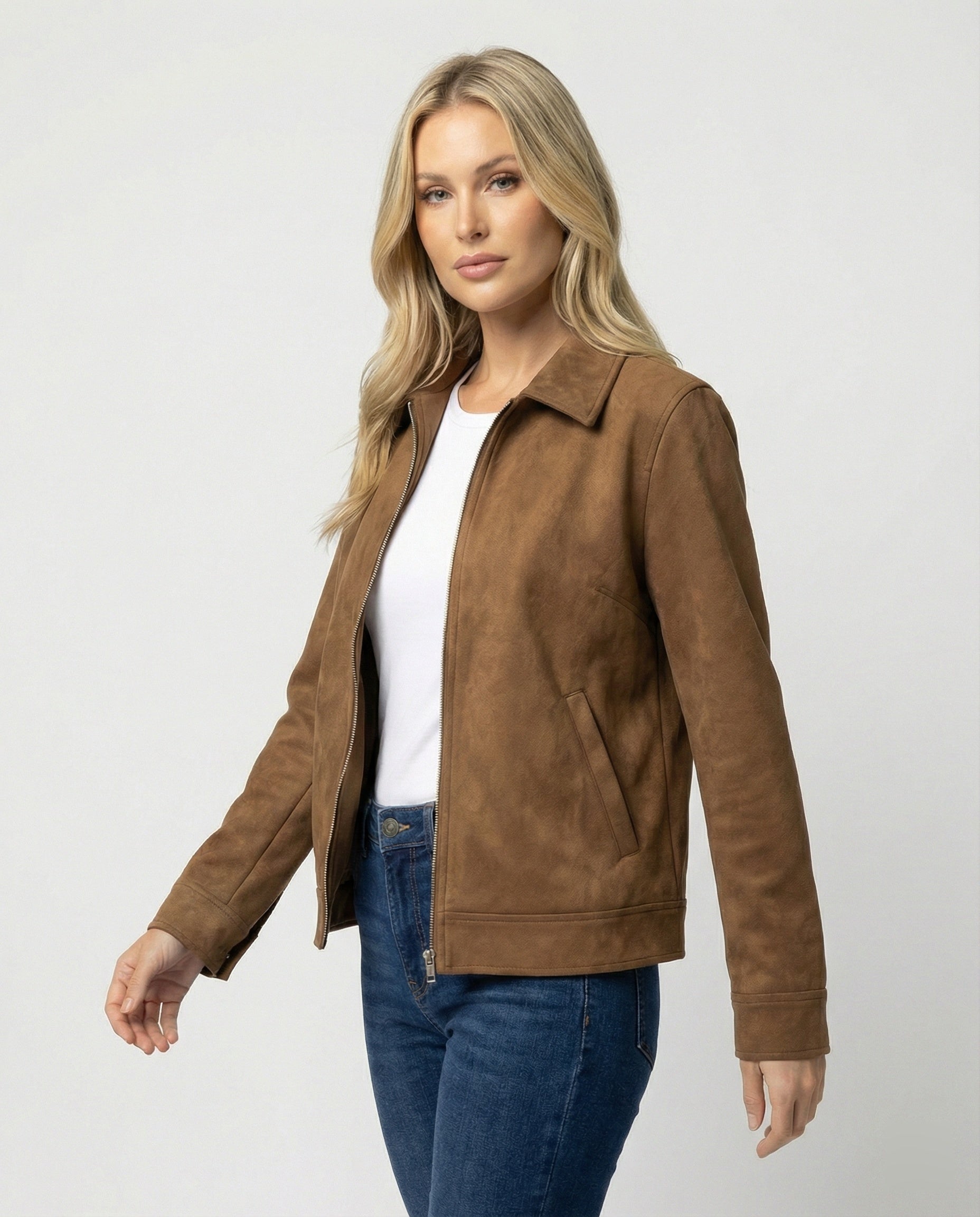 Damen Online Shop Mode lässige Oversize Velourslederjacke mit verdecktem Reißverschluss und aufgesetzten Taschen R&B