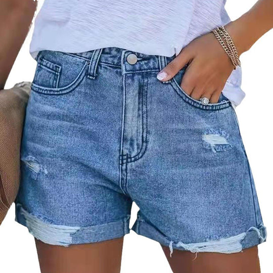 Damen Sommerliche Destroyed Jeansshorts mit umgeschlagenem Saum R&B