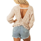 Damen Strickpullover mit dekorativen Häkel-Ausschnitten und offenem Rückendetail