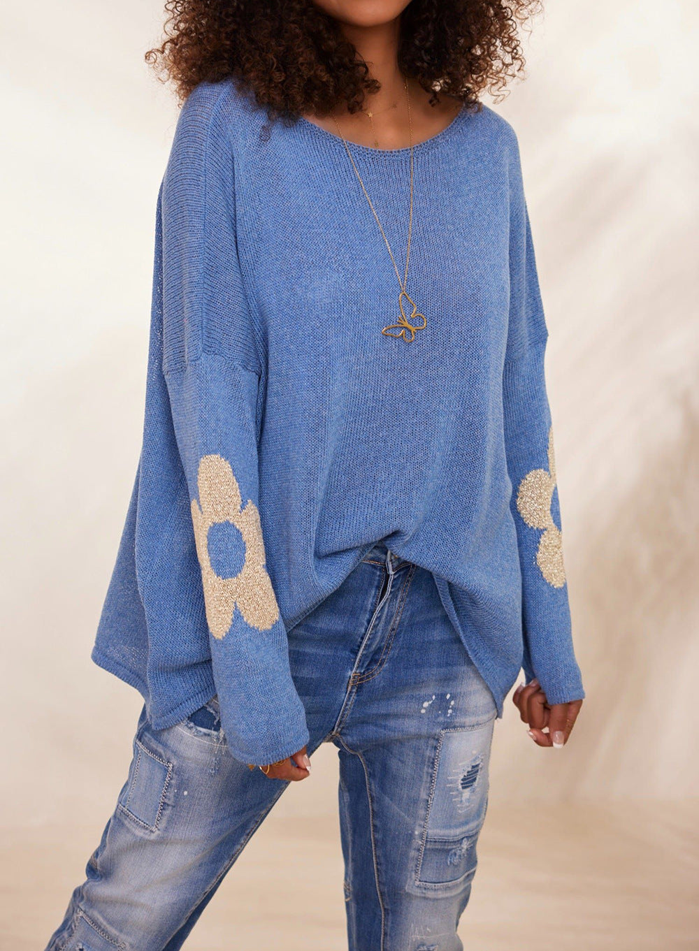 Damen grob gestrickter Pullover mit floralem Design und weitem Schnitt R&B