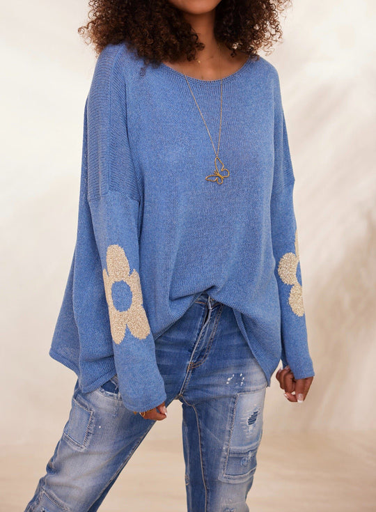 Damen grob gestrickter Pullover mit floralem Design und weitem Schnitt R&B