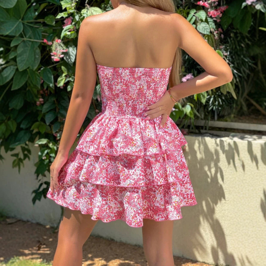 Damen Rüschenkleid mit schulterfreiem Design und floralem Muster R&B