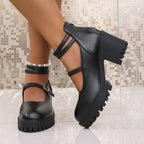 Damen Blockabsatz-Schnürschuhe mit modischem Riemendesign und rutschfester Sohle R&B
