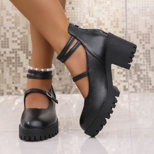 Damen Blockabsatz-Schnürschuhe mit modischem Riemendesign und rutschfester Sohle R&B
