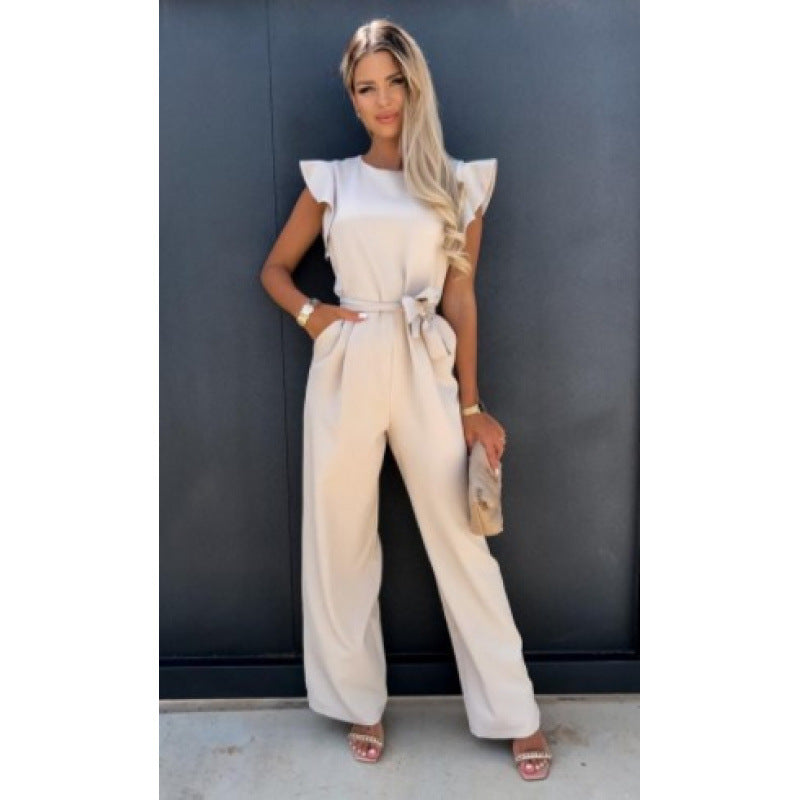 Frauen Fließender Weitbeiniger Jumpsuit mit Rüsche Ärmel R&B