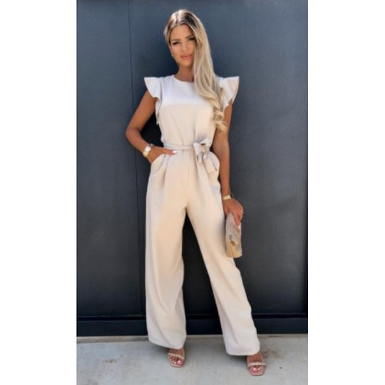 Frauen Fließender Weitbeiniger Jumpsuit mit Rüsche Ärmel R&B