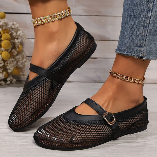 Damen elegante und luftige Ballerinas mit Netzdesign und verstellbarem Riemen R&B