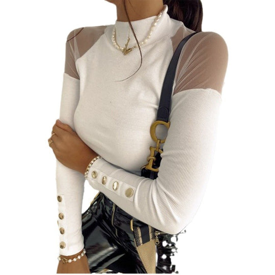 Damen Langarmshirt mit transparenten Ärmeln und Knopfdetails R&B