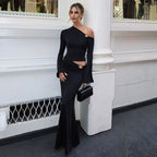 Damen Elegantes Maxikleid mit asymmetrischem Ausschnitt und langen Flügelärmeln R&B