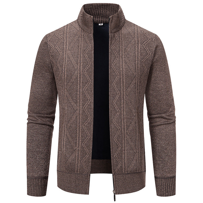 Herren elegante Strickjacke mit strukturiertem Zopfmuster und hohem Kragen R&B