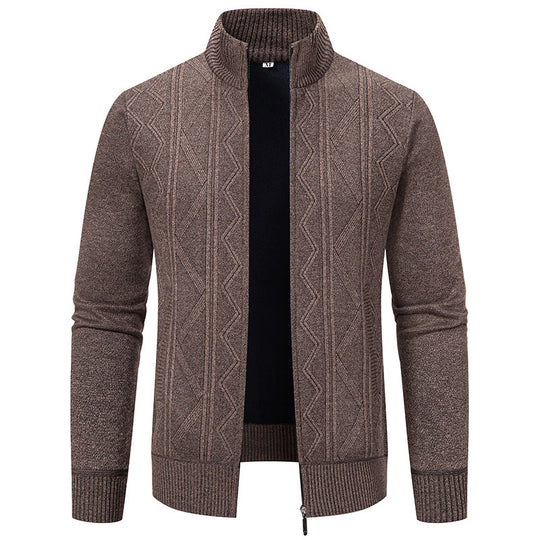 Herren elegante Strickjacke mit strukturiertem Zopfmuster und hohem Kragen R&B