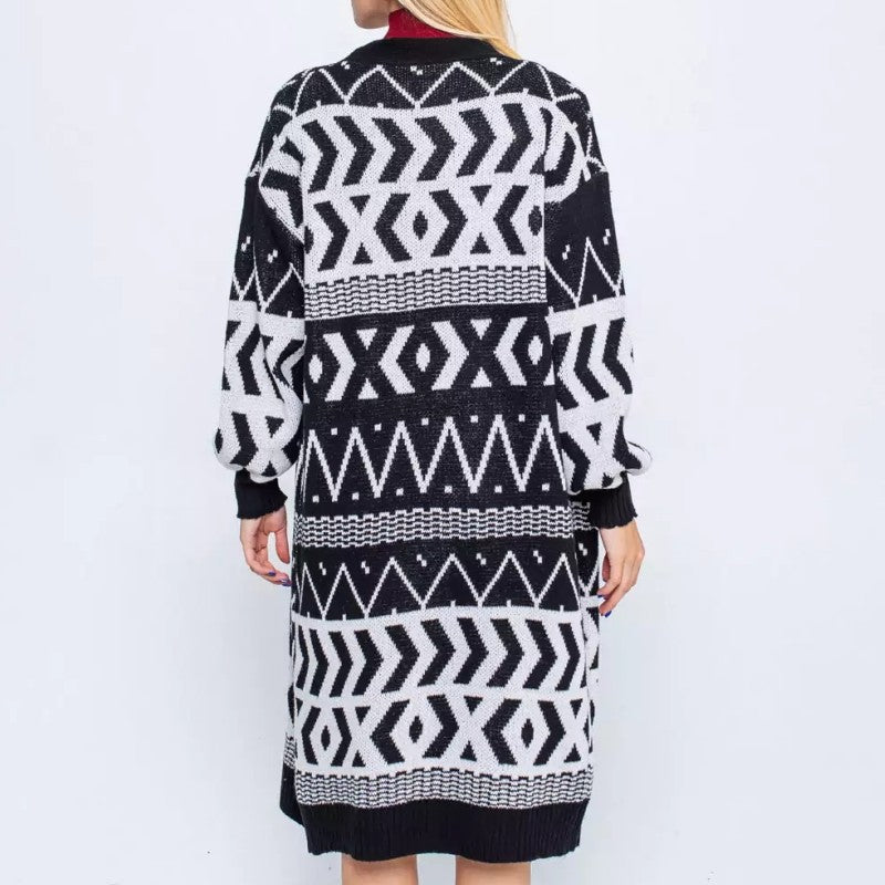 Damen Langer Strickcardigan mit geometrischem Muster und lässigem Schnitt R&B