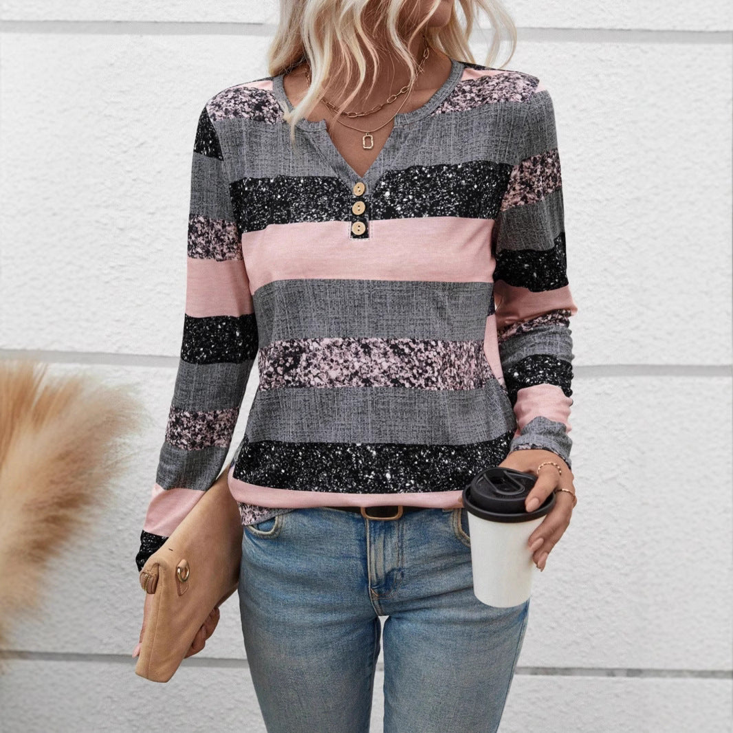 Damen Langarmshirt mit schimmernden Streifen und Knopfdetails R&B