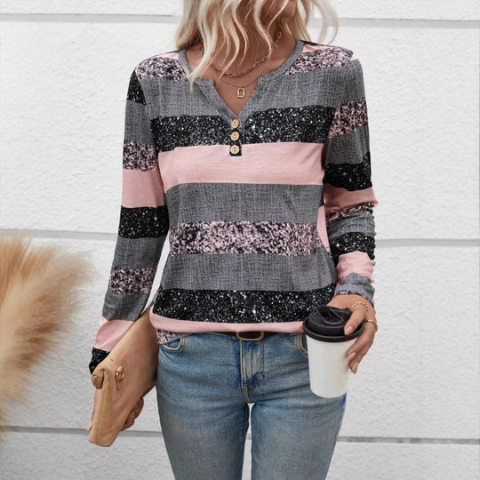 Damen Langarmshirt mit schimmernden Streifen und Knopfdetails R&B