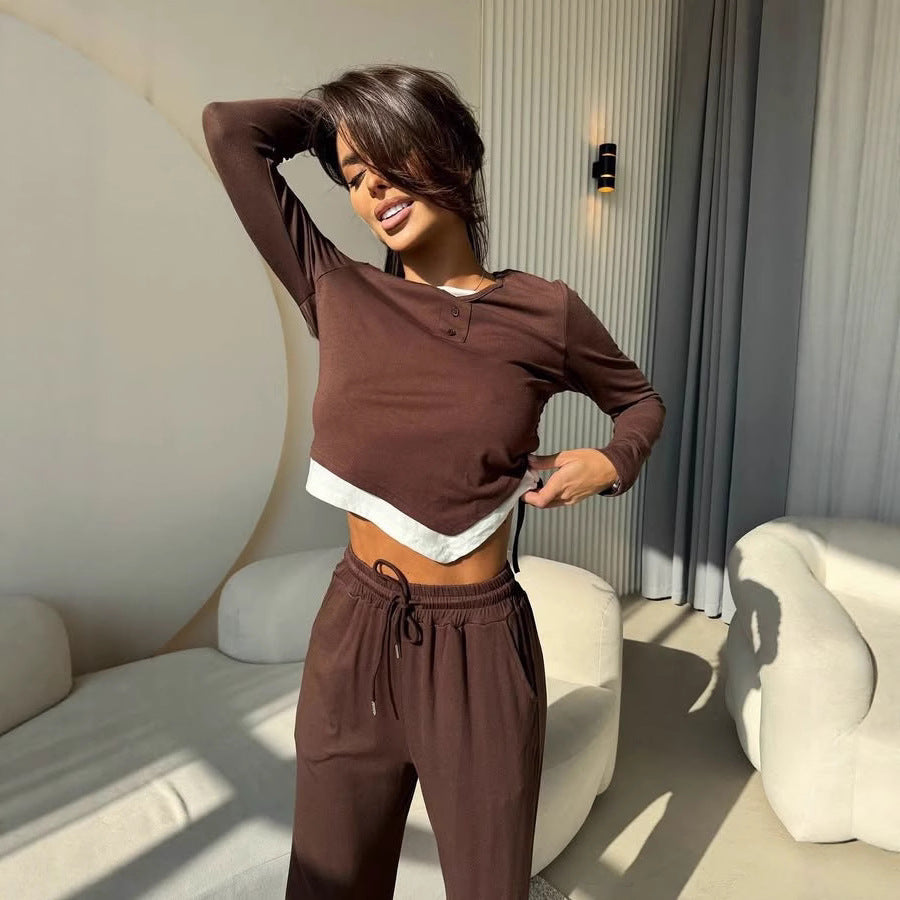 Damen lässiges Freizeit-Set mit Knopfdetails und elastischem Bund R&B