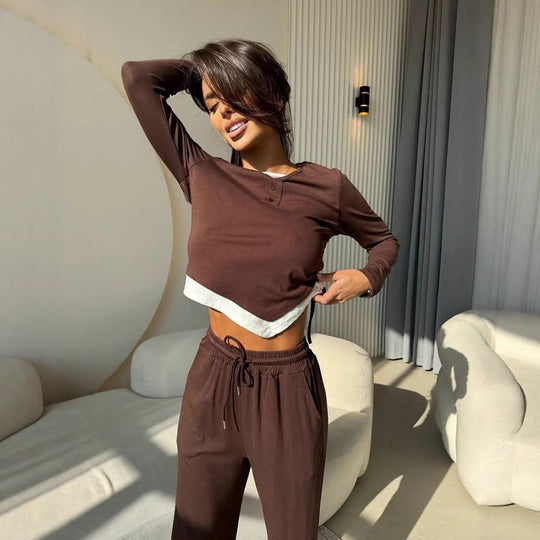 Damen lässiges Freizeit-Set mit Knopfdetails und elastischem Bund R&B