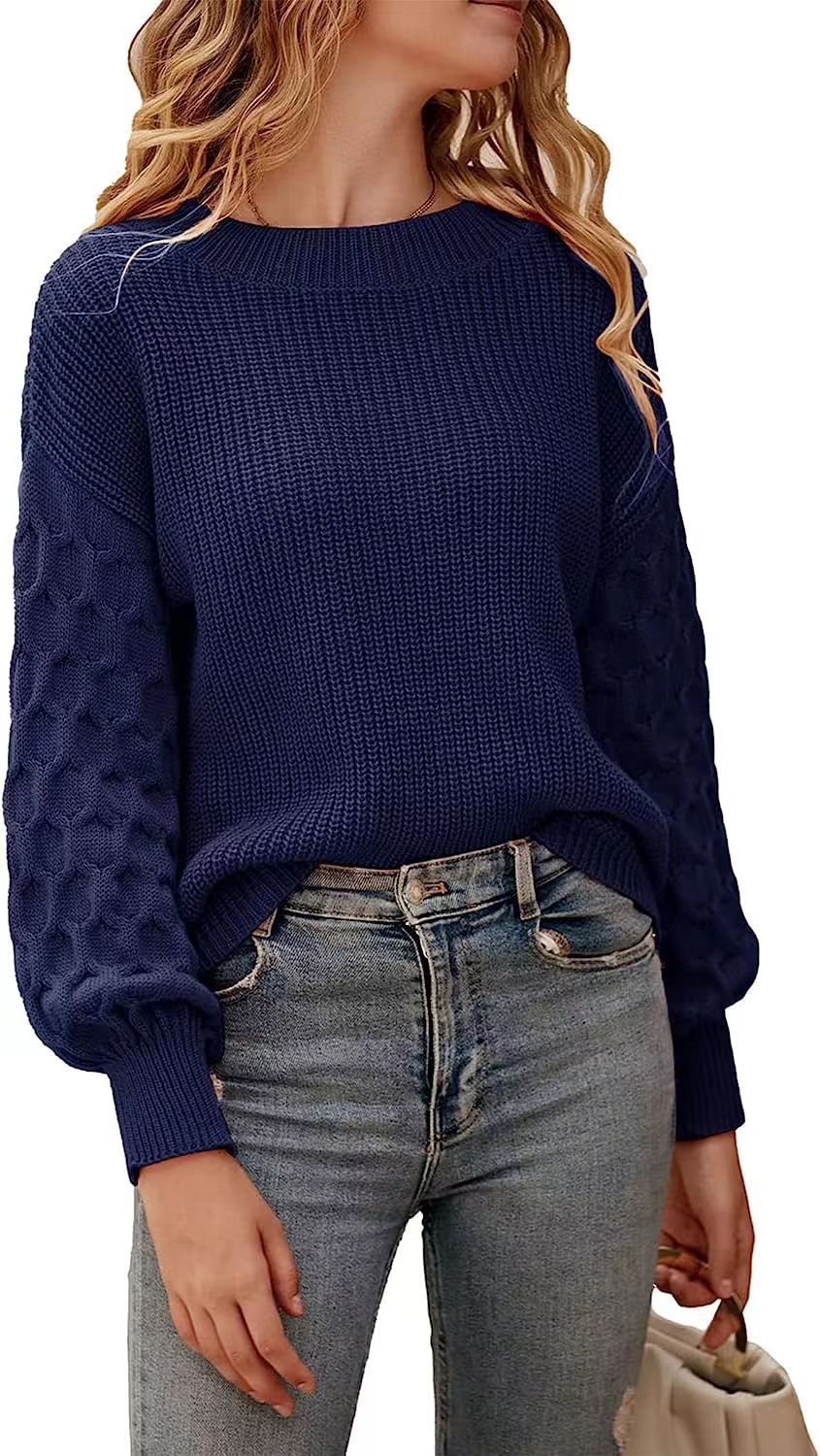 Damen modischer Strickpullover mit strukturierten Ärmeln und Rundhalsausschnitt R&B