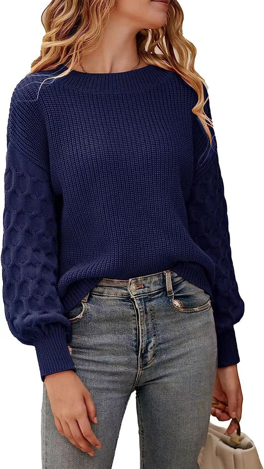 Damen modischer Strickpullover mit strukturierten Ärmeln und Rundhalsausschnitt R&B