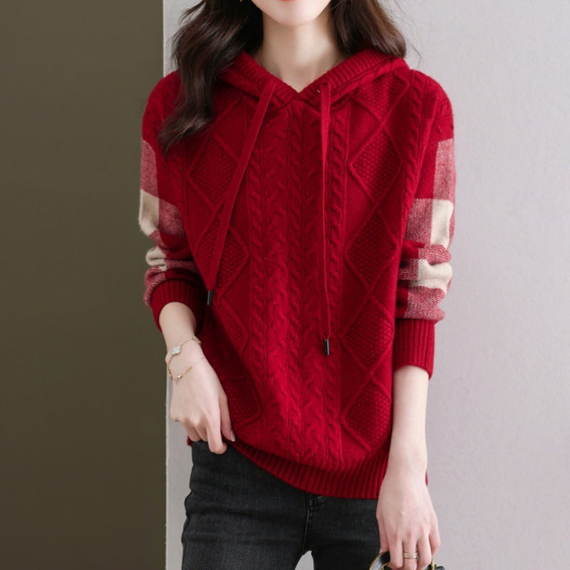 Damen Strickpullover mit Kapuze und modischem Karomuster R&B