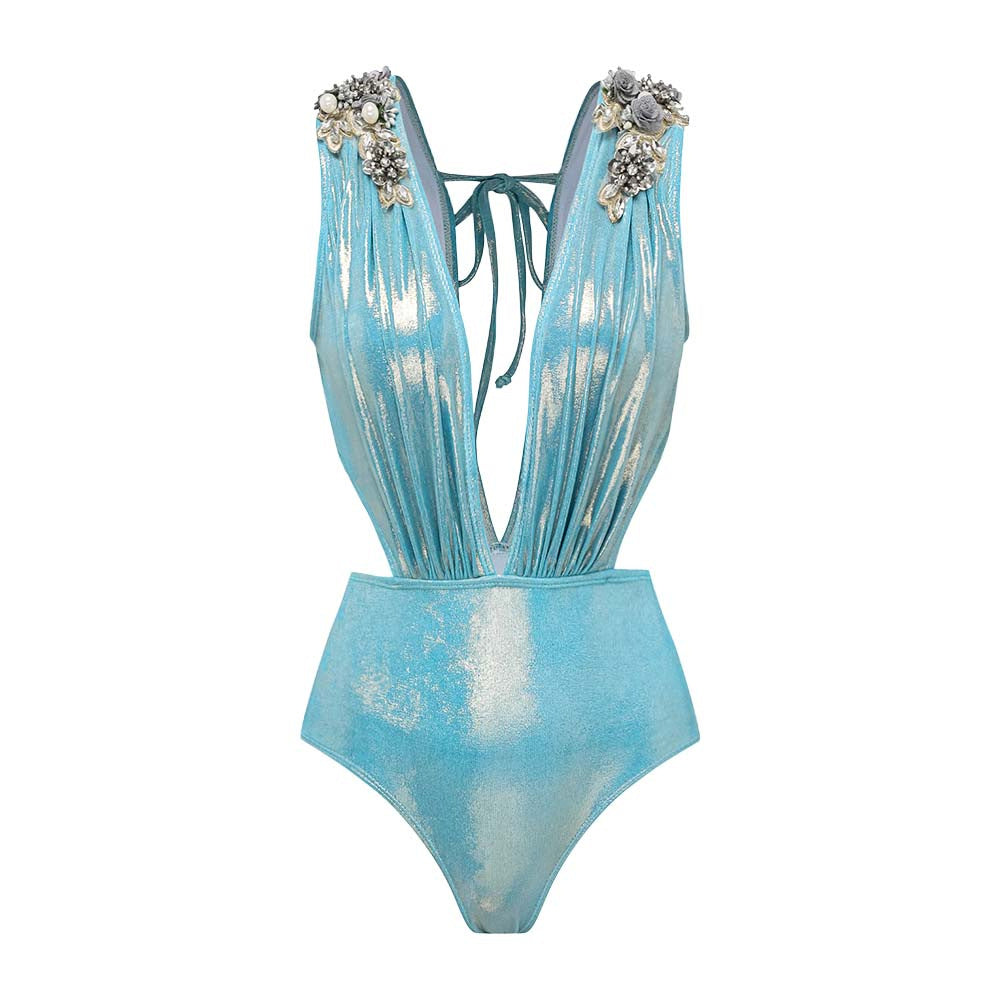 Damen Badeanzug mit off-shoulder Design und elegantem Rock R&B