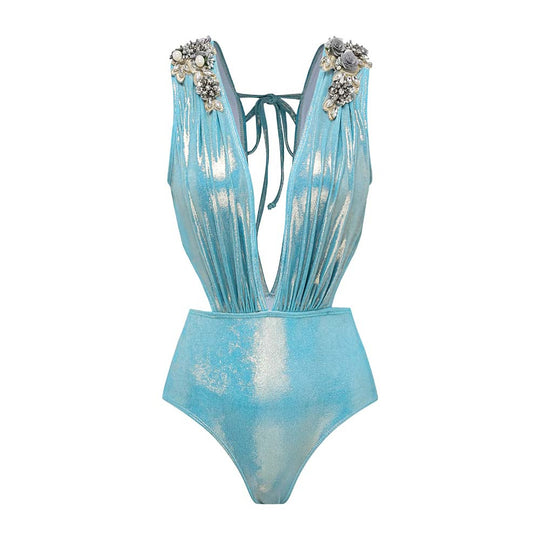 Damen Badeanzug mit off-shoulder Design und elegantem Rock R&B