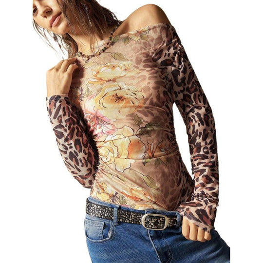 Damen Langarmshirt mit raffiniertem Raffungseffekt und animalischem Druck R&B