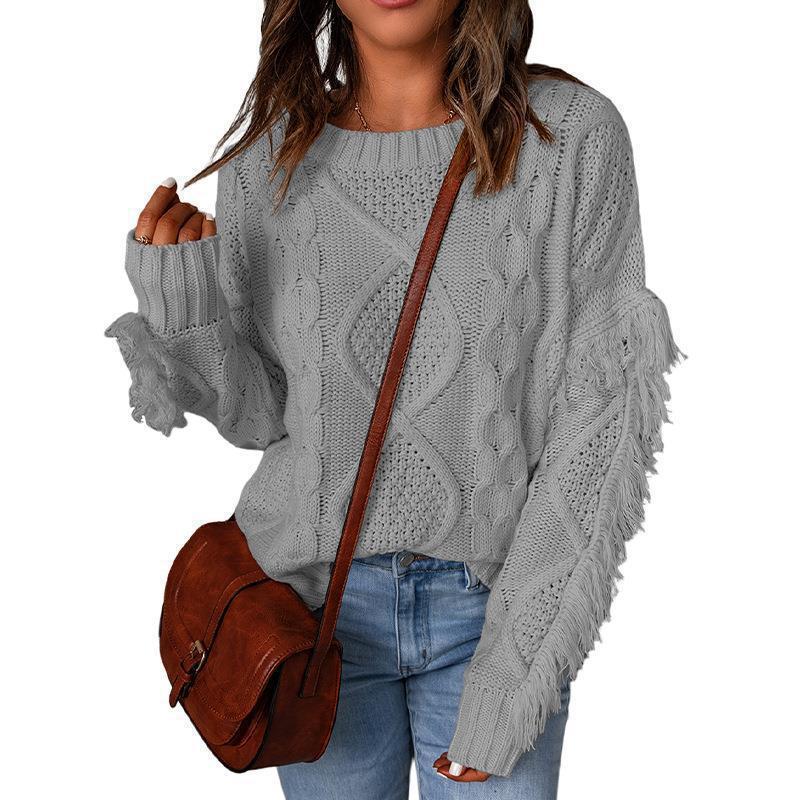 Damen Grobstrickpullover mit modischen Fransen und strukturiertem Design R&B