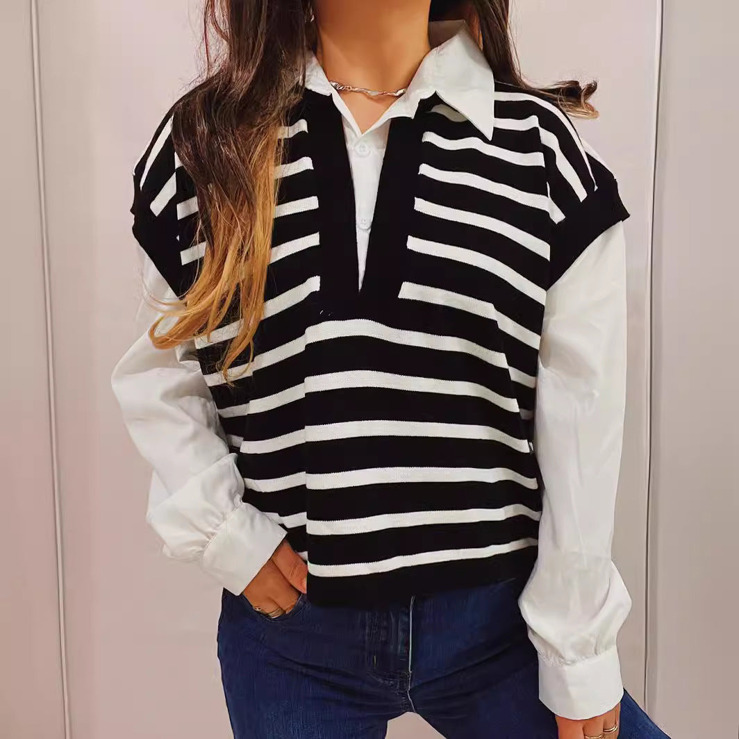 Damen lässiger Polo-Pullover mit gestreiften Design und leichten Puffärmeln R&B